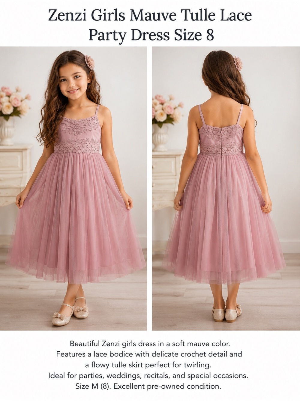 Zenzi Girls Mauve Tulle Lace Party Dress Size 8